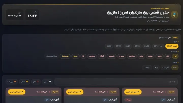 سایت مازبرق — جدول قطعی برق مازندران